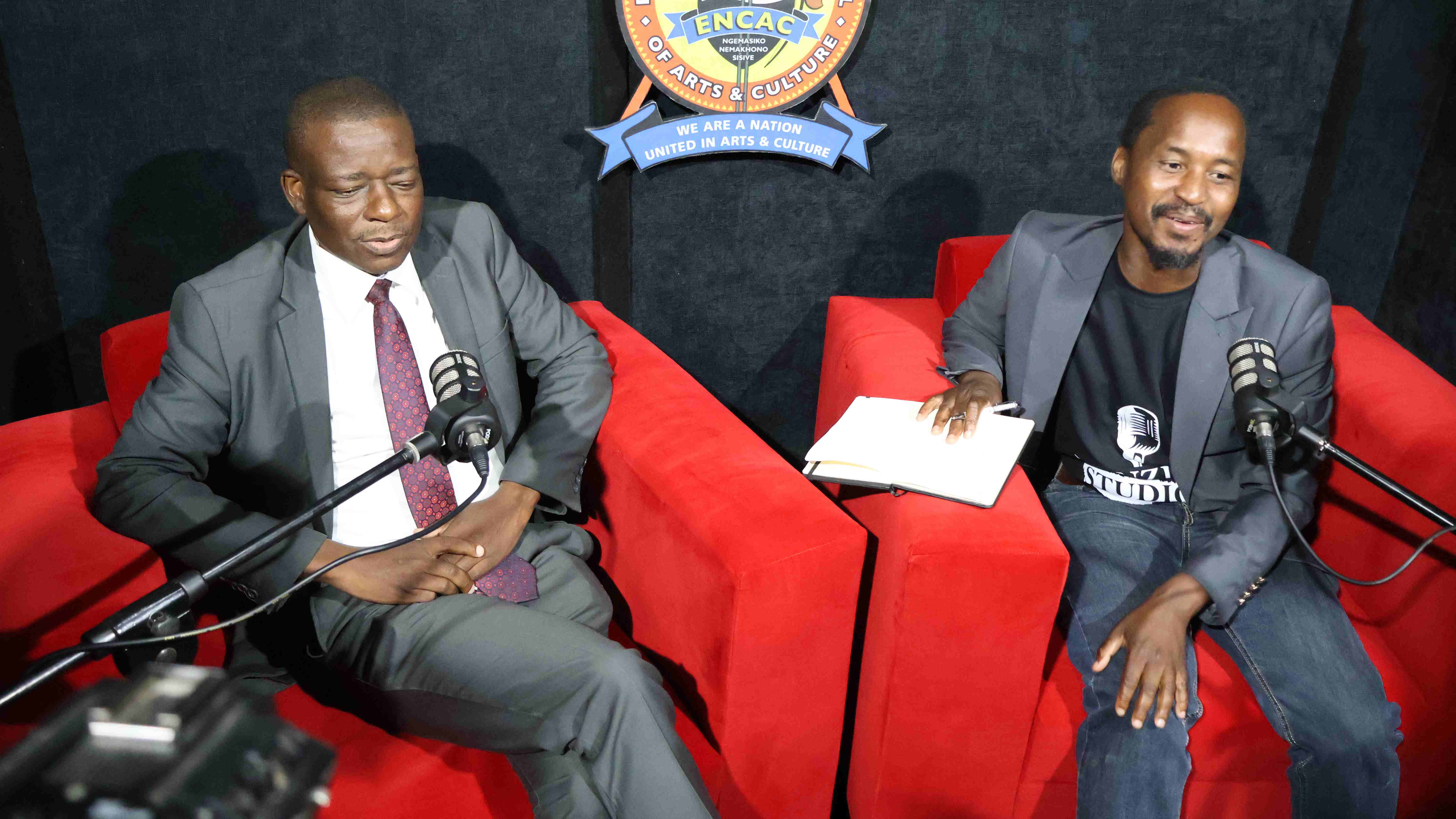 Minister for Sports, Culture and Youth Affairs Bongani Nzima being interviewed in the podcast studio by Zakhele Mabuza, who will be overseeing the podcast studio. 